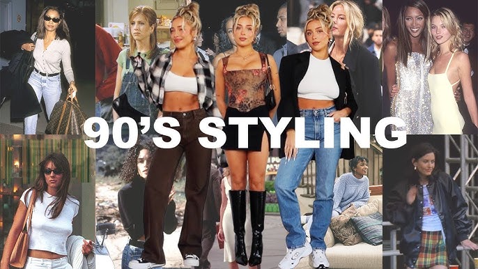 Model wearing a 90s-inspired crop top, high-waisted jeans, and platform sneakers for a retro Y2K fashion look