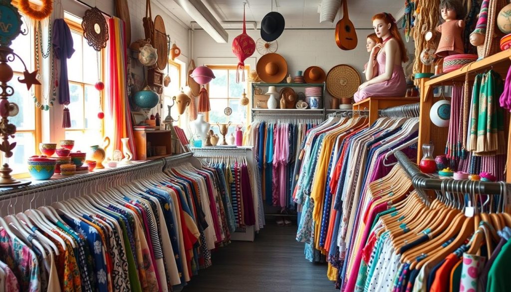 A cozy thrift shop brimming with colorful vintage clothing and accessories, sunlight streaming through the windows, showcasing a variety of unique patterns and textures, with overflowing racks creating an inviting atmosphere.