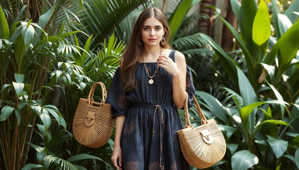 A stylish outfit made from organic materials, featuring a trendy eco-friendly dress with natural dyes, surrounded by lush greenery and sustainable accessories like bamboo bags and recycled jewelry, showcasing a harmonious