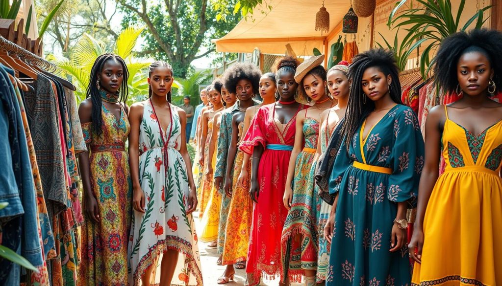 A vibrant outdoor fashion market showcasing colorful, sustainable clothing made from eco-friendly materials, with diverse models of various ethnicities, set against a backdrop of lush greenery and warm sunlight.