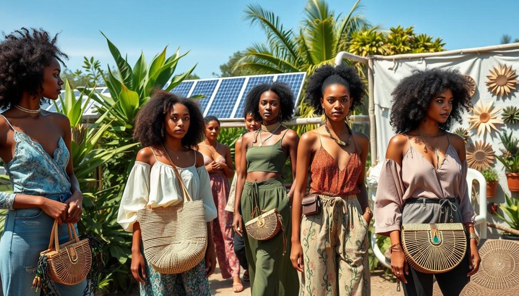 Diverse models wearing eco-friendly clothing made from sustainable materials, showcasing stylish outfits in a sunlit outdoor environment with lush greenery in the background.